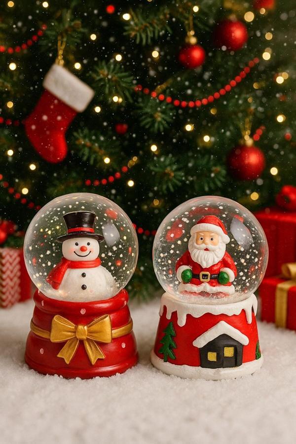 Yeni Yılın En Güzel Hediyesi Yılbaşı 2 Adet Led Işıklı 6,5 cm Noel Baba Kardan Adam Kar Küresi Seti  - Image 1