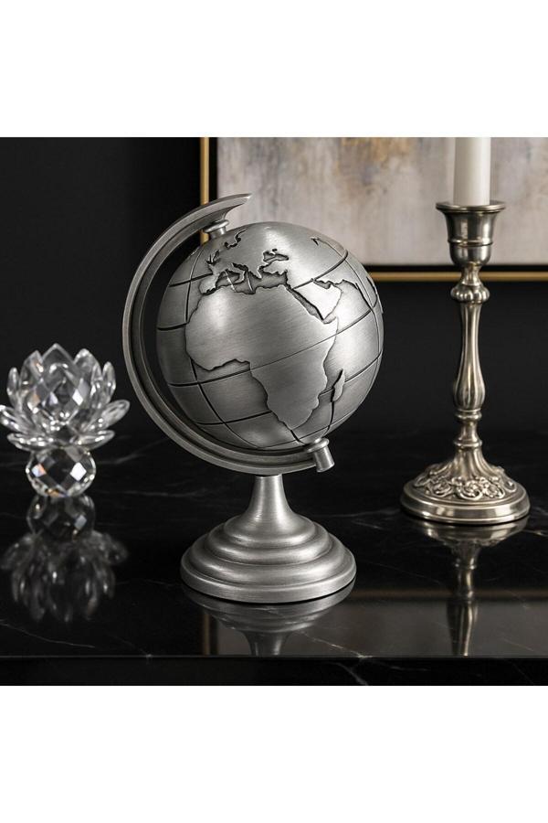 Ofisinize Masaüstü Dekorasyonu Gri Metal Dünya Küresi Masaüstü Süs Ofis ve Ev Dekoru için 13x9 CM - Image 1