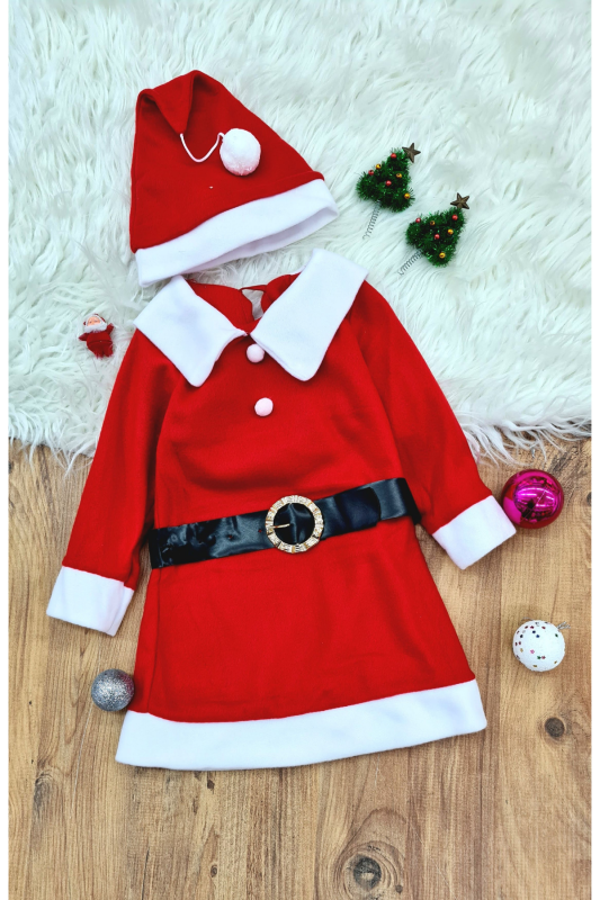 Kız Çocuk Noel Anne Yılbaşı Kostümü Etekli Şapkalı Elbise Yılbaşı Noel Baba Kostümü - Image 1