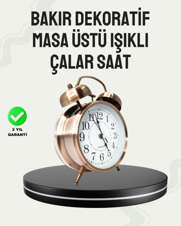Nostaljik Büyük Boy Metal Masa Saati Bronz Kaplama ve Yüksek Sesli Alarm - Image 1