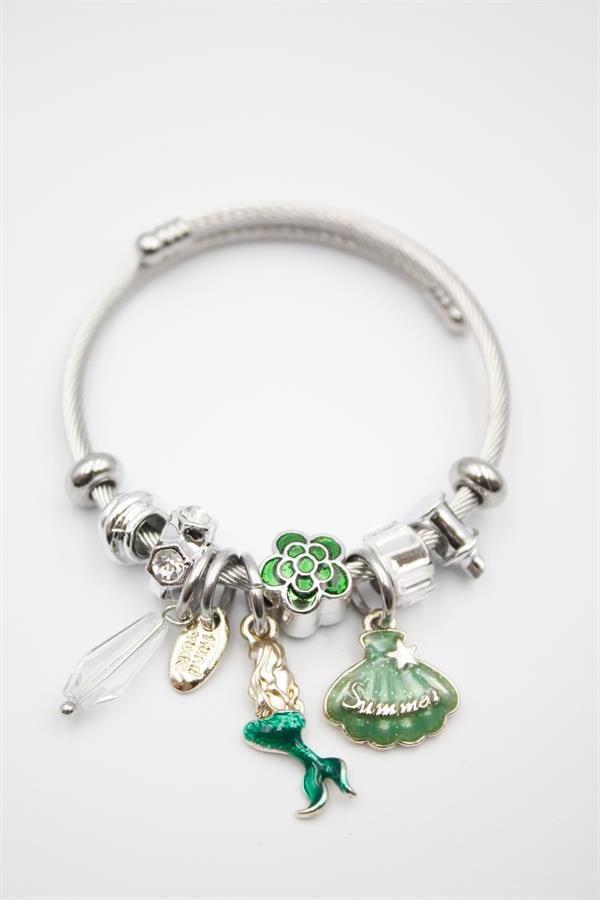 Çelik Charmlı Deniz Kızı Bileklik - Yeşil - Image 1