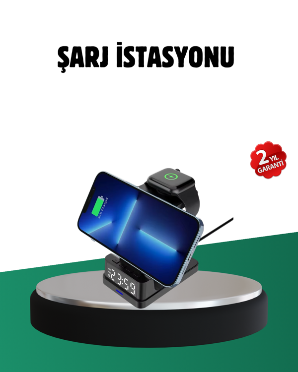 Kablosuz Şarjlı Dijital Masa Saati – 3 Parlaklık Seviyeli LED, Hızlı Şarj, Apple Uyumlu - Image 1