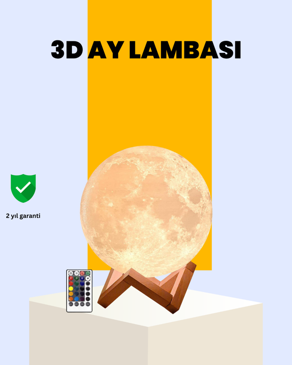 Şarjlı 3D Baskılı 16 Renk Ay Lambası Ahşap Stand ve Uzaktan Kumanda - Image 1