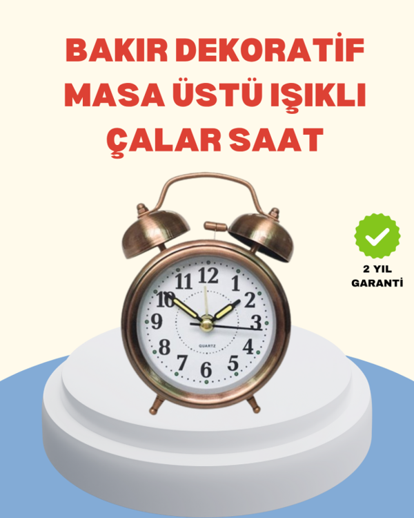 Metal Bronz Nostaljik Masa Saati Alarmlı Büyük Boy Sessiz Mekanizmalı - Image 1