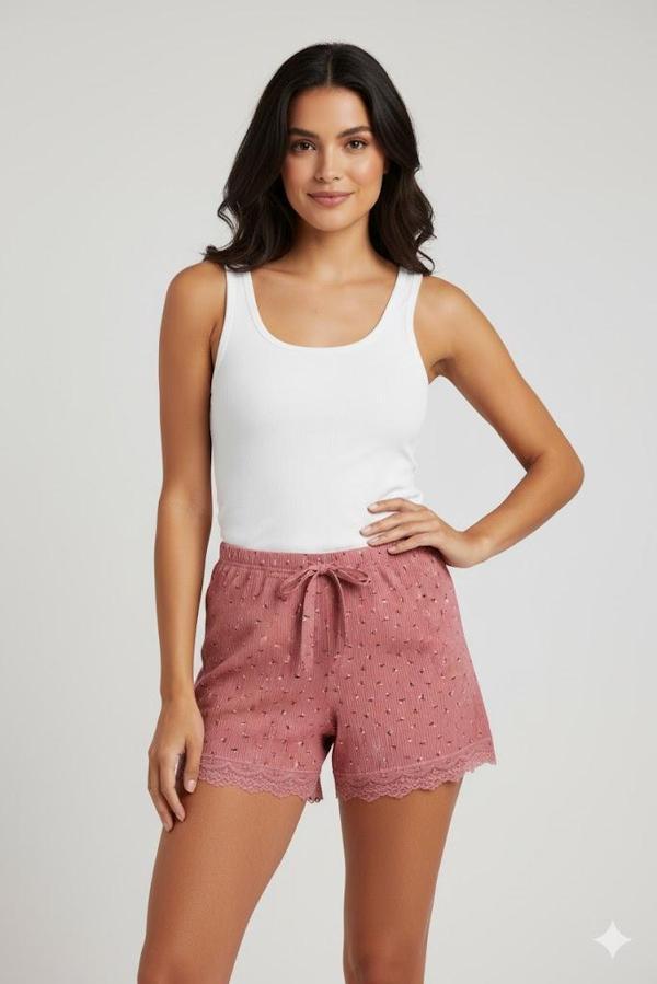 Düz Renk Mini Çiçek Desenli Penye Kadın Ev Şortu Bacak Dantel Detaylı Ev Giyim Pembe - Image 1