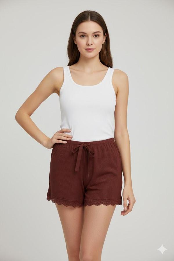 Bambu Fitilli Kadın Ev Şortu Bacak Dantel Detaylı Ev Giyim Koyu Taba - Image 1