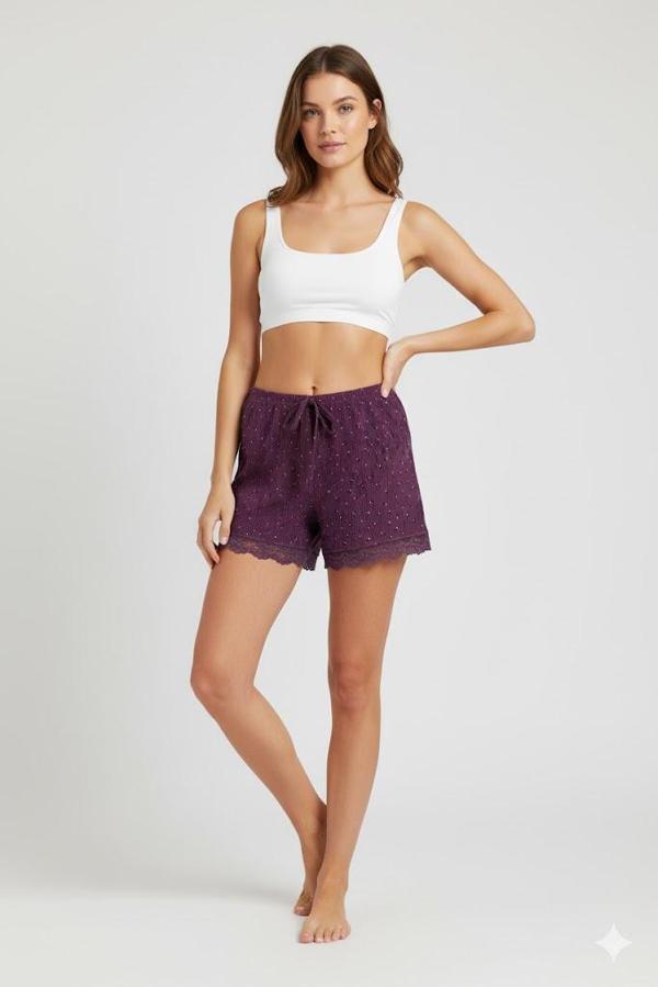 Düz Renk Mini Çiçek Desenli Penye Kadın Ev Şortu Bacak Dantel Detaylı Ev Giyim Gül Kurusu - Image 1