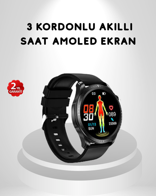 AMOLED Ekranlı Akıllı Saat – 3 Kordon Seçenekli, Suya Dayanıklı, Kalp Atış ve Uyku Takip Özellikli - Image 1