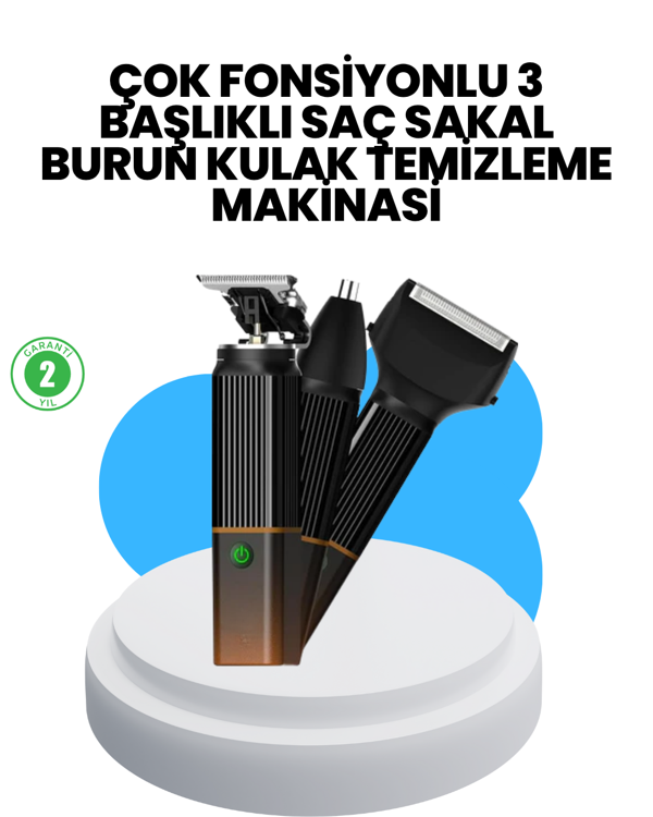 3’ü 1 Arada Erkek Bakım Makinesi – Paslanmaz Çelik Başlıklı Şarjlı Tıraş Seti - Image 1