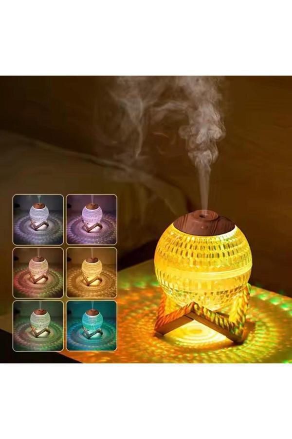 Renkli Kristal Küre Tasarımlı LED Işıklı Hava Nemlendirici – Sessiz Çalışma ve Ahşap Desenli Kapak - Image 1