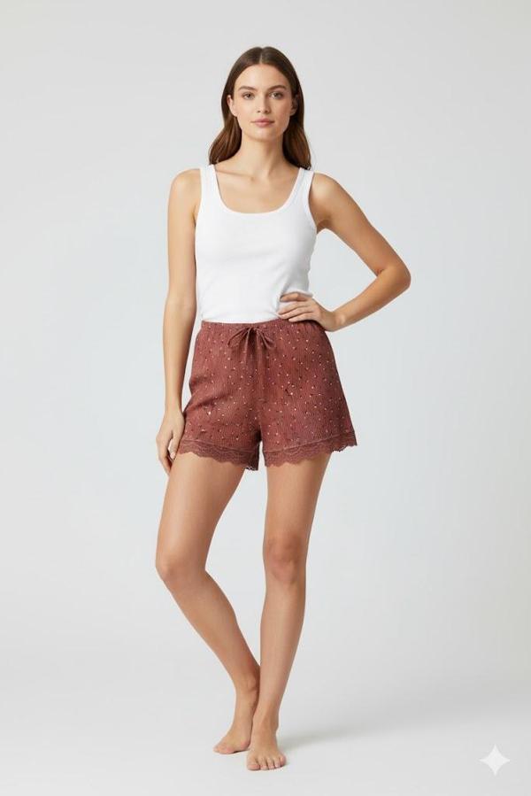 Düz Renk Mini Çiçek Desenli Penye Kadın Ev Şortu Bacak Dantel Detaylı Ev Giyim Taba - Image 1
