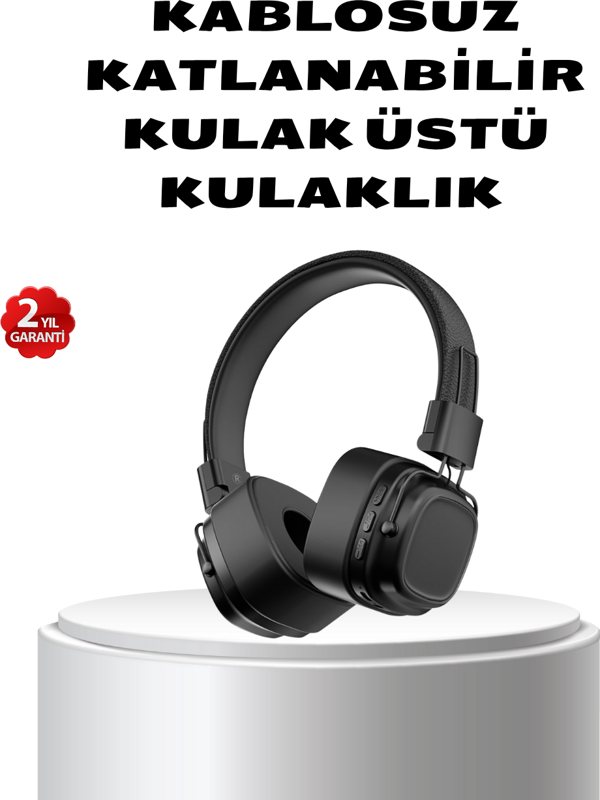 Kablosuz Kulak Üstü Bluetooth Kulaklık Güçlü Bas ve Katlanabilir Tasarım - Image 1