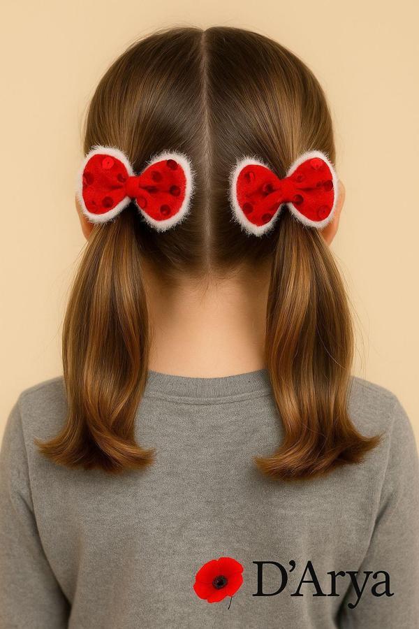 DD608 Kırmızı Yılbaşı Ponponlu Peluş Fiyonklu Çift Tokalı Set (2’li) - Image 1