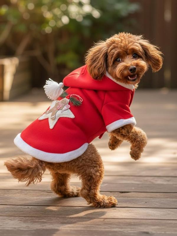 Yılbaşı Köpek Kıyafeti Yıldız Desenli Kırmızı Polar | Kapüşonlu Noel Köpek Kostümü | Küçük Irklar İçin - Image 1