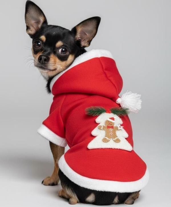 Yılbaşı Ağacı Kırmızı Polar Köpek Kıyafeti | Kapüşonlu Noel Köpek Sweatshirt | Küçük Irklar İçin - Image 1