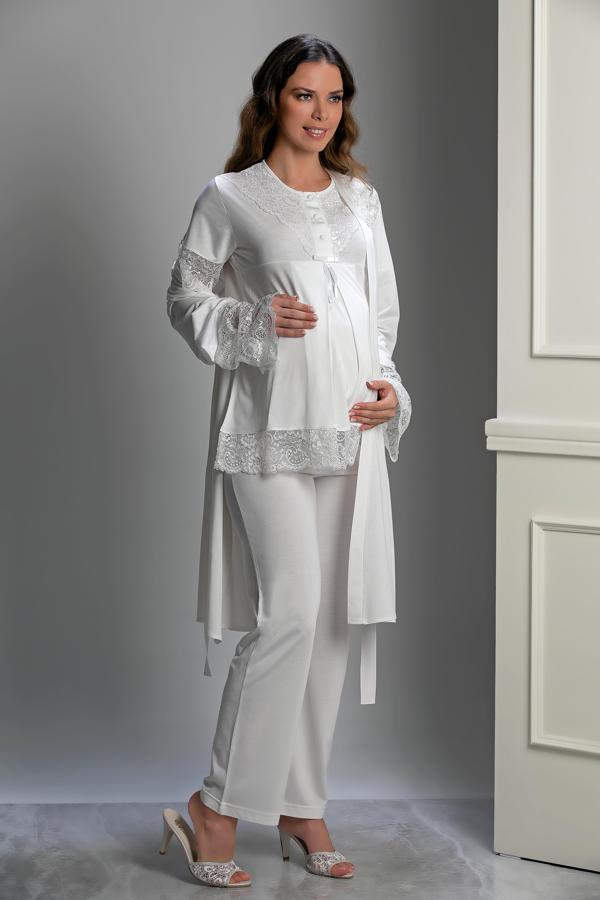Ekru Özel Tasarım Hamile ve Lohusa Pijama Takım 3'lü Set - 2XL - Image 1