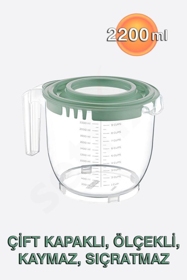 2200ml Çift Kapaklı, Ölçekli Mikser Kabı, Kaymaz, Sıçratmaz - Image 1