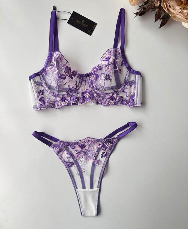 Flower Love Çiçek Desenli Transparan Dantel Sütyen Takım (Pembe, Mor, Somon) - Image 1