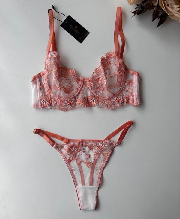 Flower Love Çiçek Desenli Transparan Dantel Sütyen Takım (Pembe, Mor, Somon) - Image 1