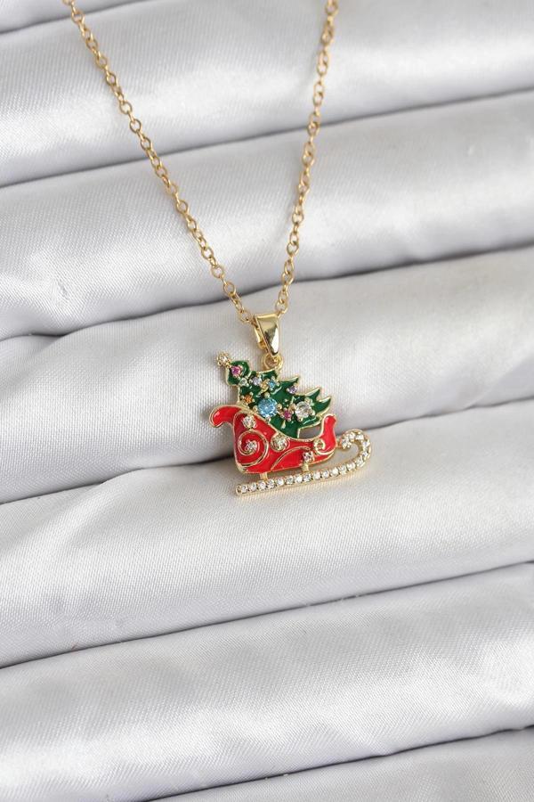 316L Çelik Zincir Gold Renk Kızak ve Çam Ağacı Figürlü Yılbaşı Temalı Kadın Kolye - Image 1