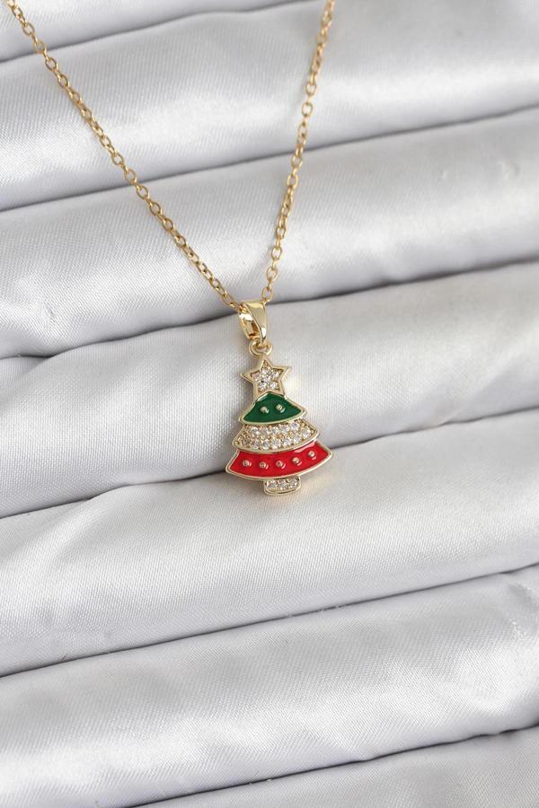 316L Çelik Zincir Gold Ren Çam Ağacı Model Zirkon Taşlı Yılbaşı Temalı Kadın Kolye - Image 1