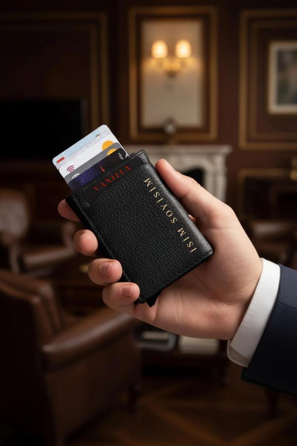 Mıknatıslı Mekanizmalı Cüzdan İsim Baskılı 8 Kart Kapasiteli Rfıd Blocking - Image 1