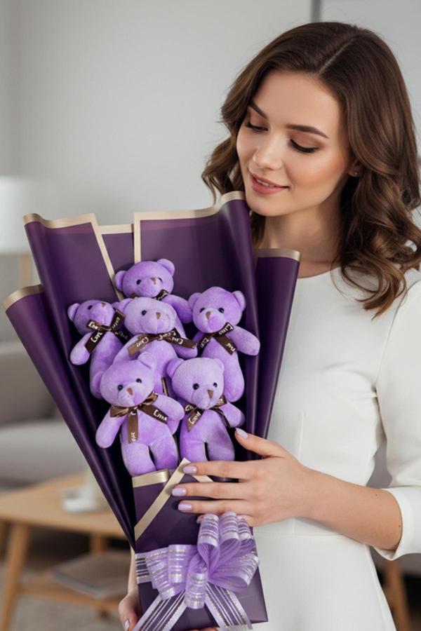 Premium 6 Yumoş  Mor Peluş Ayıcık Buketi- Doğum Günü, Özel Gün - Eşe, Sevgiliye HEDİYE - Image 1