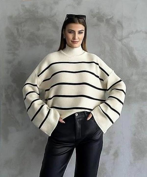 BİÇOMİ Çizgili ispanyol kol triko boğazlı kazak beyaz elf - Image 1