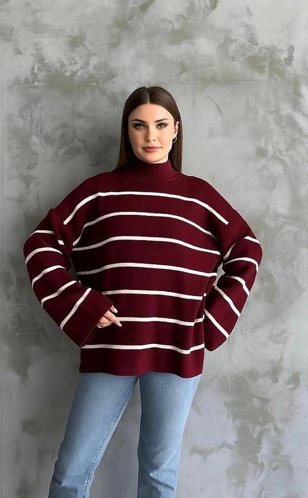 BİÇOMİ Çizgili ispanyol kol triko boğazlı kazak bordo elf - Image 1