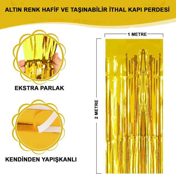 Altın Gold Renk Ekstra Metalize Parlak Saçaklı Arka Fon Perde İthal A Kalite 1x2 Metre - Image 1