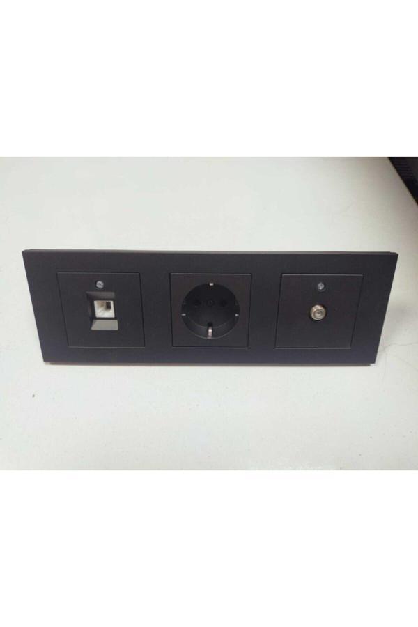 Ovivo Grano Siyah Topraklı Priz + Uydu F Priz + Nümeris Telefon Prizi + 3lü Çerçeve - Image 1