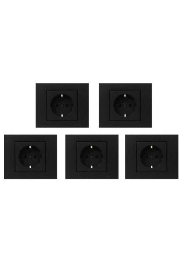 5 Adet Ovivo Grano Siyah Topraklı Priz 5'li Çerçeve Dahil - Image 1