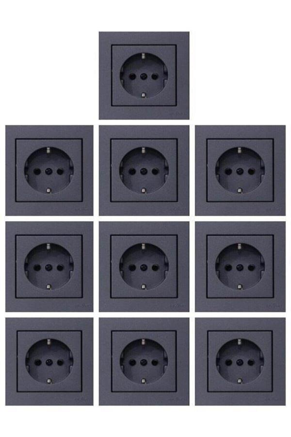 10 Adet Ovivo Grano Füme Topraklı Priz  Çerçeve Dahil Tem - Image 1