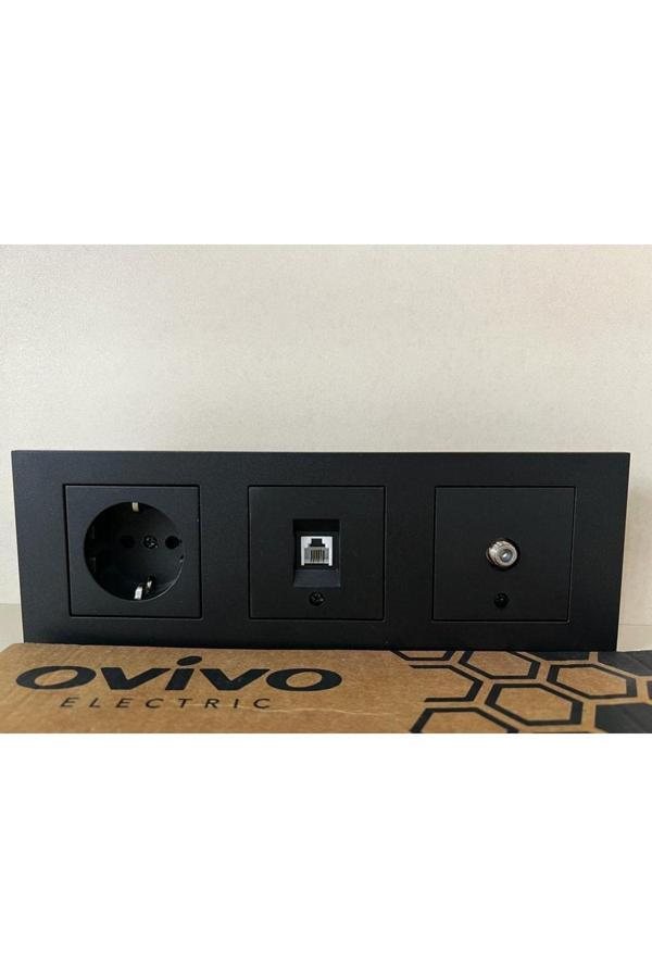 Ovivo Siyah 3 Lü Set Topraklı Priz Numeris Uydu 3 Lü Çerçeve - Image 1