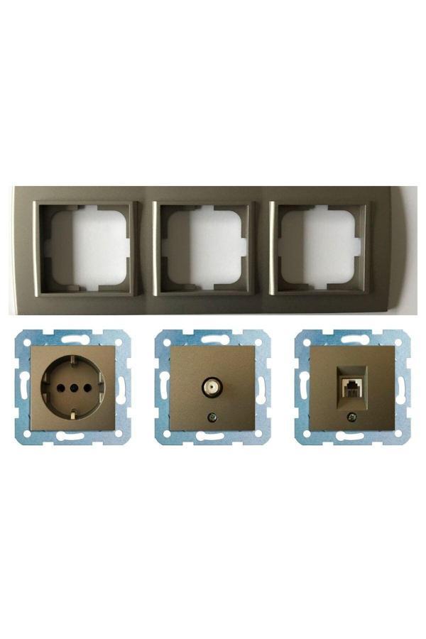 Ovivo Mina Antrasit Üçlü Set - Tv - Data Cat 6 Internet- Topraklı Priz - Image 1