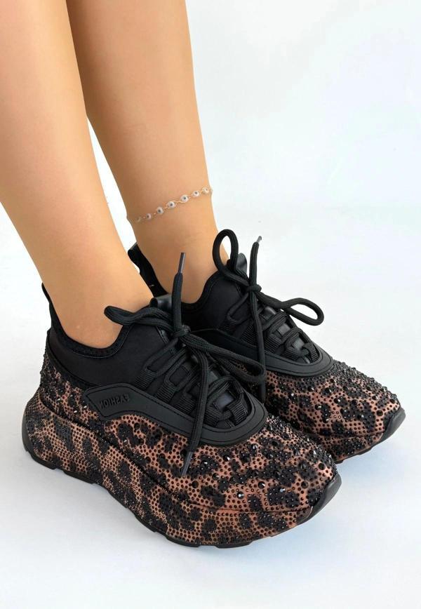 Rimay Kahverengi Cilt Boncuk İşlemeli Spor Ayakkabı - Image 1