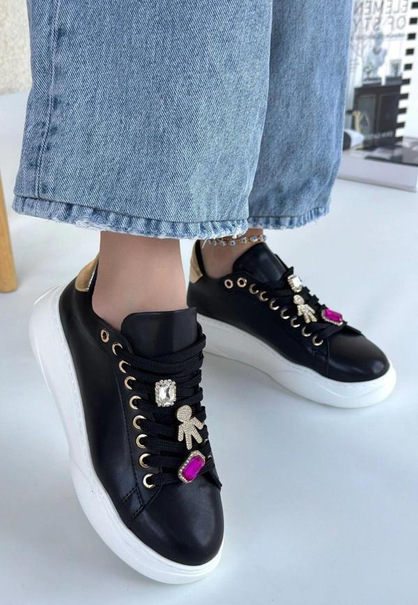 Gane Siyah Cilt Bağcıklı Spor Ayakkabı - Image 1