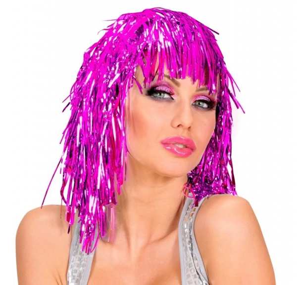 Pembe Fuşya Işıltılı Metalize Parti Peruğu - Image 1