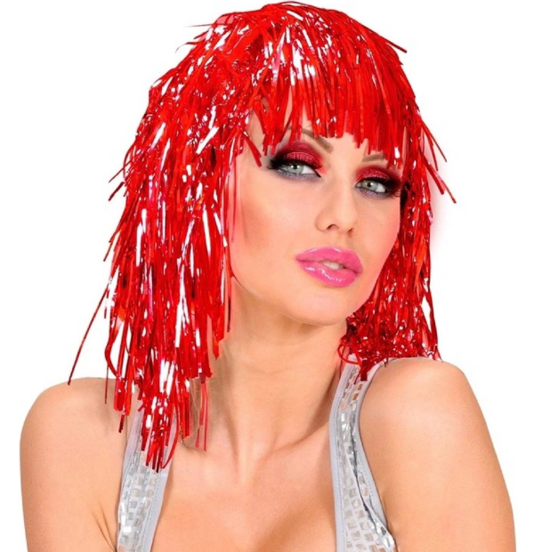 Kırmızı Işıltılı Metalize Parti Peruğu - Image 1