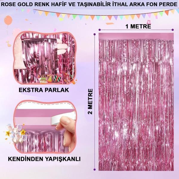 Rose Gold Renk Ekstra Metalize Parlak Saçaklı Arka Fon Perde İthal A Kalite 1x2 Metre (4915) Go-53-v - Image 1