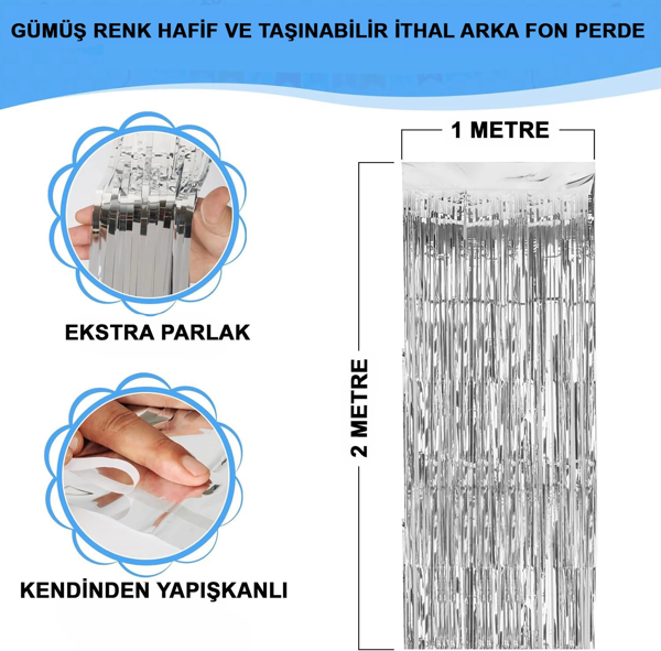 Gümüş Renk Ekstra Metalize Parlak Saçaklı Arka Fon Perde İthal A Kalite 1x2 Metre - Image 1