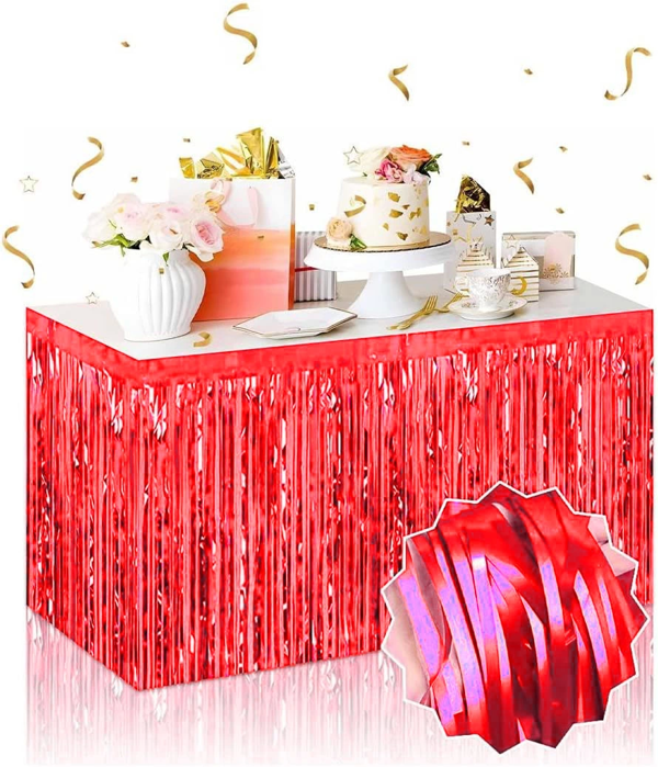 Kendinden Yapışkanlı Kırmızı Metalize Püsküllü Masa Eteği – 75 X 275 Cm Parti Süslemesi - Image 1