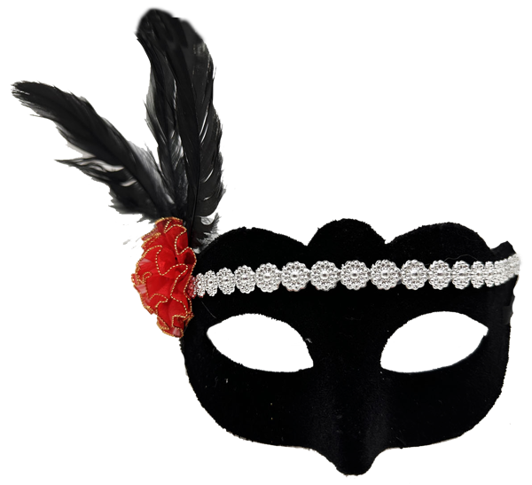 Siyah Renk Süet Kaplama Gümüş Dantelli Kırmızı Gül Tasarımlı Parti Maskesi 18x20 Cm (4915) Go-53-vic - Image 1