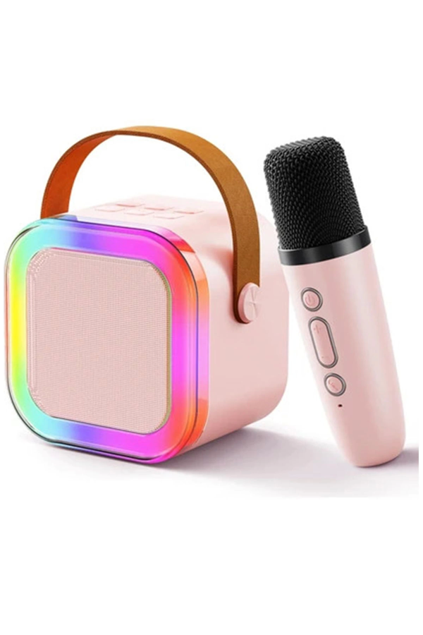 Karaoke Kablosuz Hoparlör Mikrofonlu Rgb Işıklı Bluetooth Speaker Tf Kart/usb Pembe - Image 1