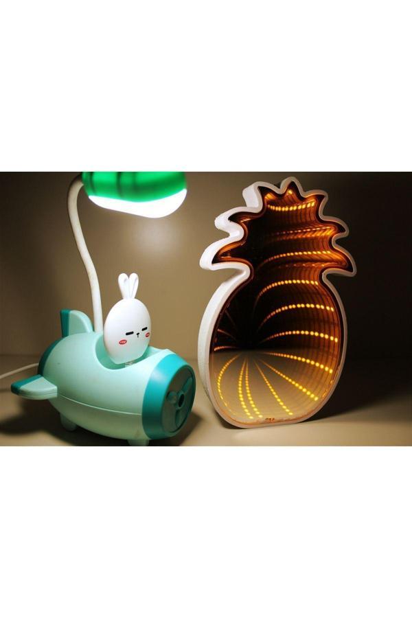 Işık Kasabası Aynalı Led Yansımalı Ananas İle Tepe Lambalı Kalem Traşlı Mavi Uçak Masa Lambası Gece Lambası - Image 1