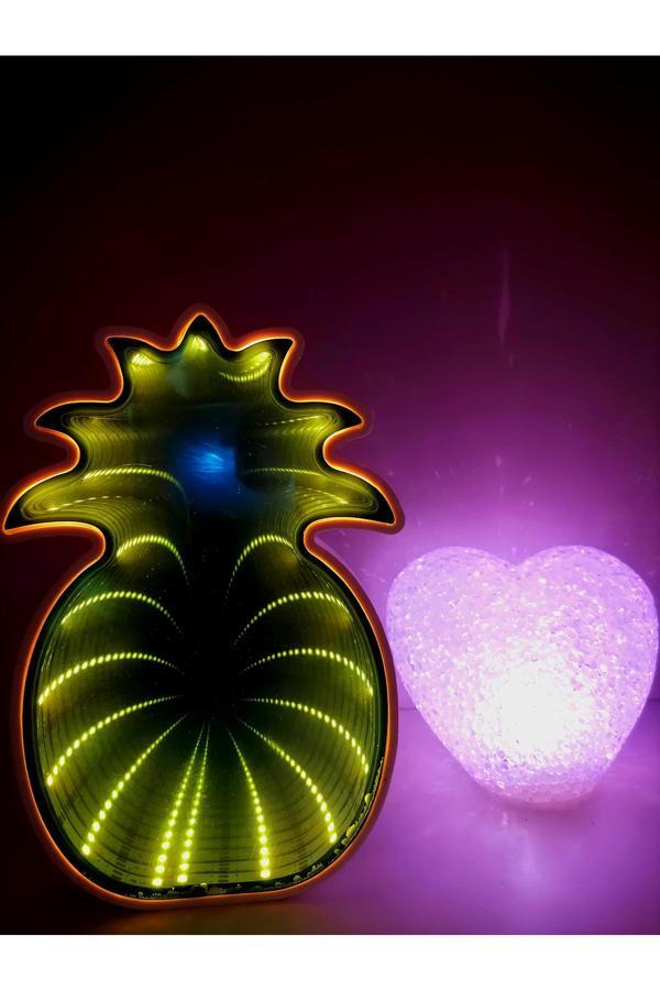 Işık Kasabası Ayna Yansımalı Sarı Ananas Ve Rcb Damla Silikon Kalp Led Gece Lambası - Image 1