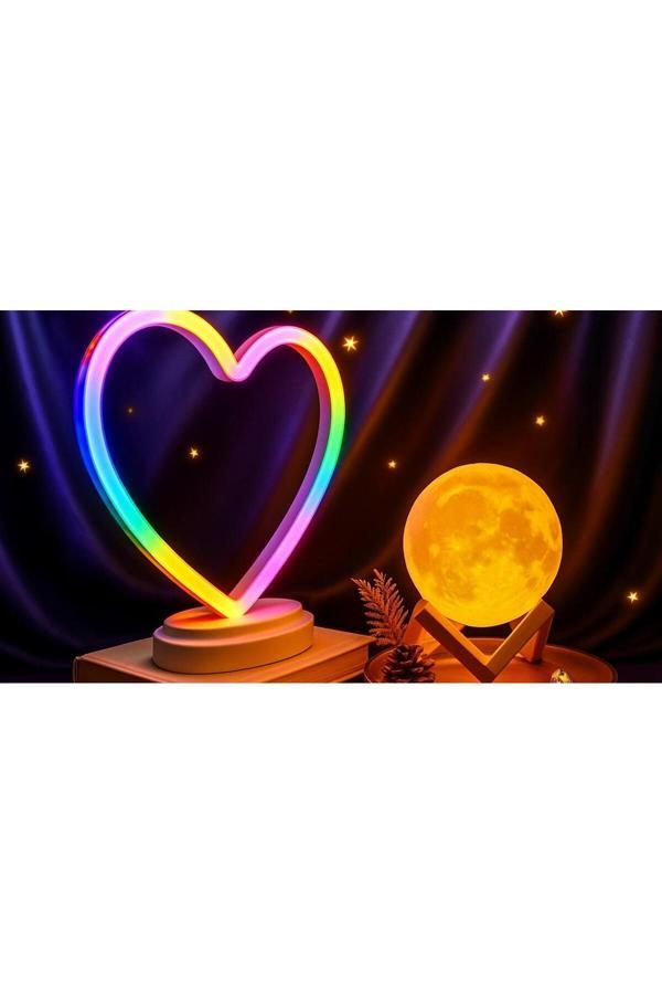 Işık Kasabası Neon Kalp Ve 3 D Led Sarı Küre Gece Lambası - Image 1