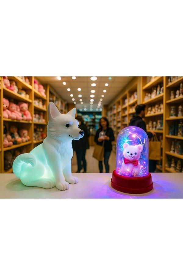 Işık Kasabası Renkli Fanusta Ayıcık Ve Rcb Kar Tilkisi Gece Lambası Led - Image 1