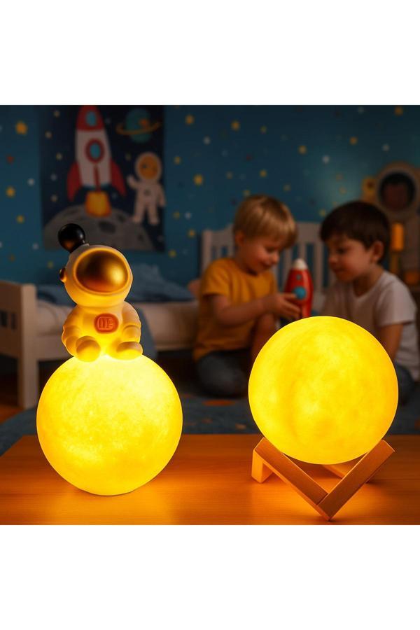 Işık Kasabası Ay Üzerinde Oturan Astronot Ve 3D Stantlı Küre Düşünen Astronot Ve Led Ay Gece Lambası - Image 1