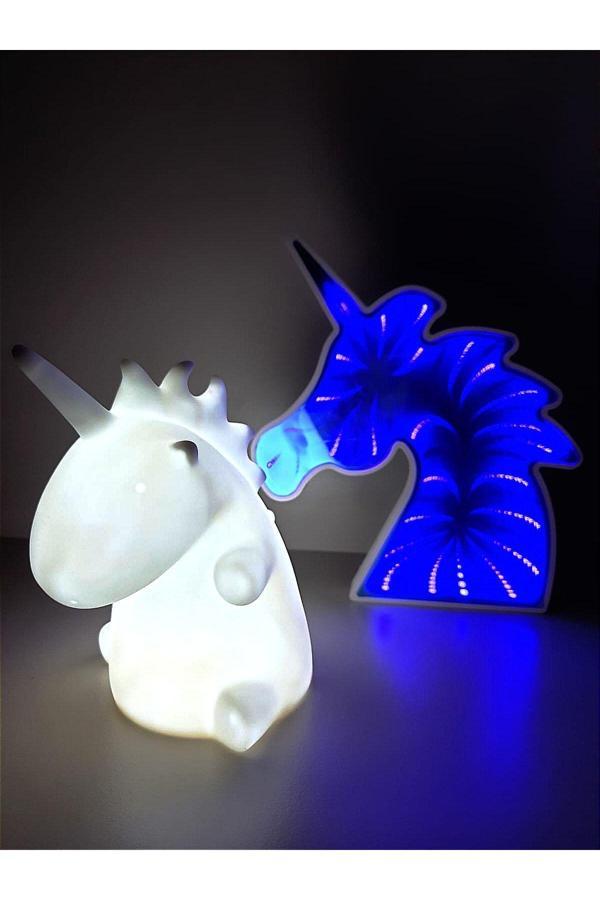 Işık Kasabası Beyaz Unicorn Ve Mavi Aynalı Led'Li Unicorn Hediye Kutusu Gece Lambası - Image 1
